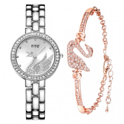 Ceas Dama Luxury argintiu cu lebada si bratara roz auriu cu strasuri CADOU QUARTZ CDQZ056 Ceas Dama Luxury argintiu cu lebada si bratara roz auriu cu strasuri CADOU QUARTZ CDQZ056