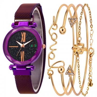 Set Ceas Dama cu 4 Bratari Fashion si Curea Magnetica Adaptabila purple CDQZ061 Set Ceas Dama cu 4 Bratari Fashion si Curea Magnetica Adaptabila purple CDQZ061