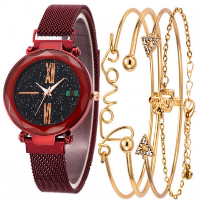 Set Ceas Dama cu 4 Bratari Fashion si Curea Magnetica Adaptabila red CDQZ061 Set Ceas Dama cu 4 Bratari Fashion si Curea Magnetica Adaptabila red CDQZ061