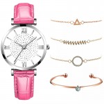 Ceas Dama cu bratara piele eco roz si set de 4 bratari aurii +Cutie CADOU QUARTZ CDQZ121