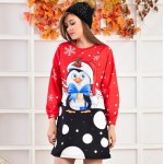 Rochie Dama rosie de Craciun  cu Maneca Lunga si Imprimeu Pinguin RCD01