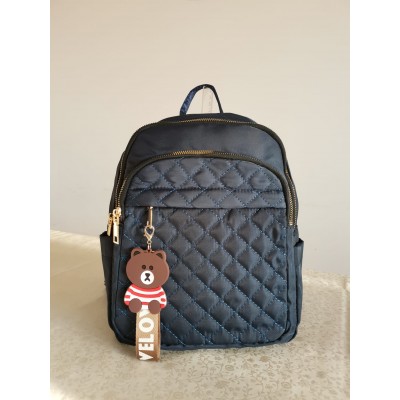 Rucsac fashion albastru din material textil impermeabil cusaturi fine geometrice si breloc fashion cu ursulet ACRD258 Rucsac fashion albastru din material textil impermeabil cusaturi fine geometrice si breloc fashion cu ursulet ACRD258
