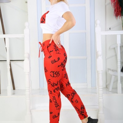 Trening Dama Fashion rosu cu bluza scurta si pantaloni cu talie inalta TND015 Trening Dama Fashion rosu cu bluza scurta si pantaloni cu talie inalta TND015
