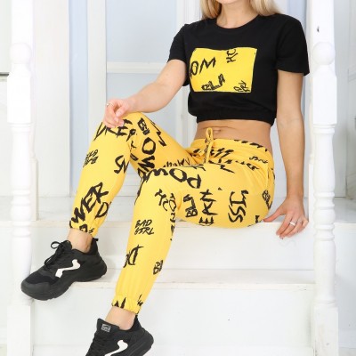 Trening Dama Fashion galben cu bluza scurta si pantaloni cu talie inalta TND015 Trening Dama Fashion galben cu bluza scurta si pantaloni cu talie inalta TND015