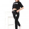 Trening Dama sport casual negru compus din tricou scurt si pantaloni de trening cu talie inalta College TND021