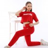 Trening  Dama sport casual rosu compus din tricou scurt si pantaloni de trening cu talie inalta College TND021