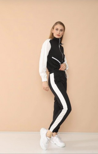 Trening Dama Fashion negru cu alb din 2 piese casual chic TND037 Trening Dama Fashion negru cu alb din 2 piese casual chic TND037