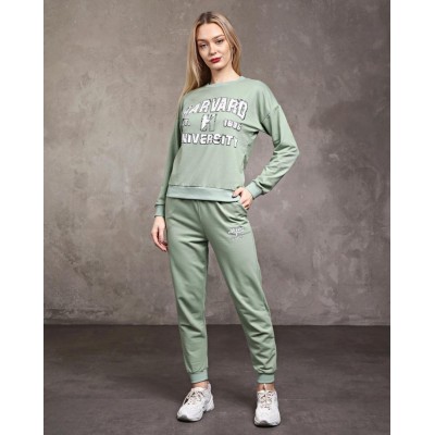Trening Dama sport casual verde fistic compus din bluza scurta si pantaloni de trening cu talie inalta TND072