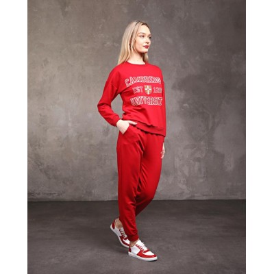 Trening Dama sport casual rosu compus din bluza scurta si pantaloni de trening cu talie inalta TND073