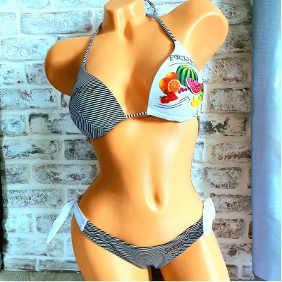 Costum de Baie negru din doua piese cu sutien triunghi push up si slip cu inchidere laterala Fruits CBD001