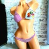 Costum de Baie roz din doua piese cu sutien triunghi push up si slip cu inchidere laterala Fruits CBD001