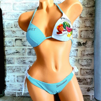 Costum de Baie albastru din doua piese cu sutien triunghi push up si slip cu inchidere laterala Fruits CBD001 Costum de Baie albastru din doua piese cu sutien triunghi push up si slip cu inchidere laterala Fruits CBD001