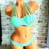 Costum de Baie verde din doua piese cu sutien scoica push up cu bretele decorative CBD002
