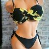 Costum de Baie din doua piese cu sutien push up cu orhidee galbene bretele detasabile si slip negru cu inchidere laterala CBD006 Costum de Baie din doua piese cu sutien push up cu orhidee galbene bretele detasabile si slip negru cu inchidere laterala CBD006