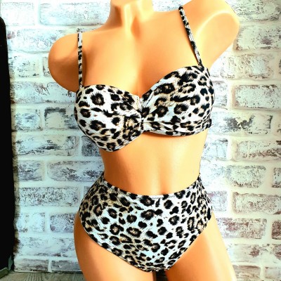 Costum de Baie  din doua piese cu sutien push up leopard bretele detasabile slip cu talie inalta + CADOU slip tanga CBD009