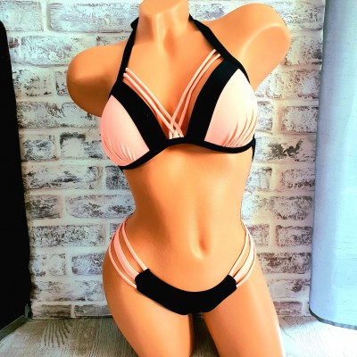 Costum de Baie corail cu negru din doua piese sutien cu push up si slip normal cu sireturi decorative CBD016 Costum de Baie corail cu negru din doua piese sutien cu push up si slip normal cu sireturi decorative CBD016