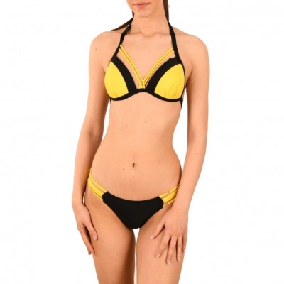 Costum de Baie galben cu negru din doua piese sutien cu push up si slip normal cu sireturi decorative CBD016 Costum de Baie galben cu negru din doua piese sutien cu push up si slip normal cu sireturi decorative CBD016