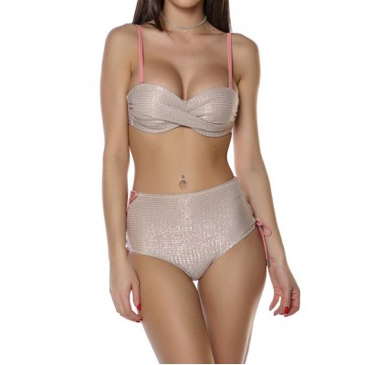 Costum de Baie nude/roz din doua piese sutien push up slip cu talie inalta CBD023