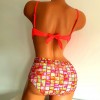 Costum de Baie din doua piese cu sutien rosu balconette cu push up bretele detasabile slip cu multicolor cu talie inalta CBD024