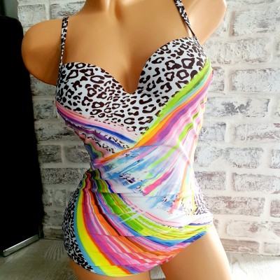 Costum de Baie intreg cu bust intarit print grafitti colorat si pete maro CBD027 Costum de Baie intreg cu bust intarit print grafitti colorat si pete maro CBD027