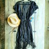 Rochie de plaja neagra dantelata model fluture cu franjuri si cordon RDP001 Rochie de plaja neagra dantelata model fluture cu franjuri si cordon RDP001